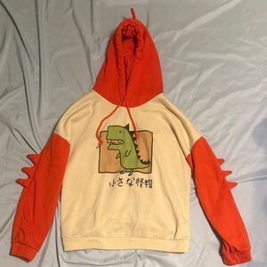 Kids/Juniors XL Dinosaur Kawaii Graphic Hoodie with Orange Sleeves